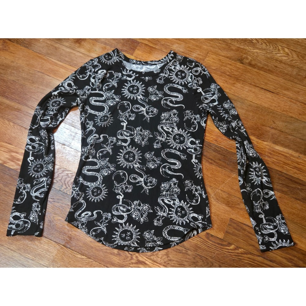 No Boundaries Black White Sun Moon Snake Ribbed Long Sleeve Top Small 3-5 Boho